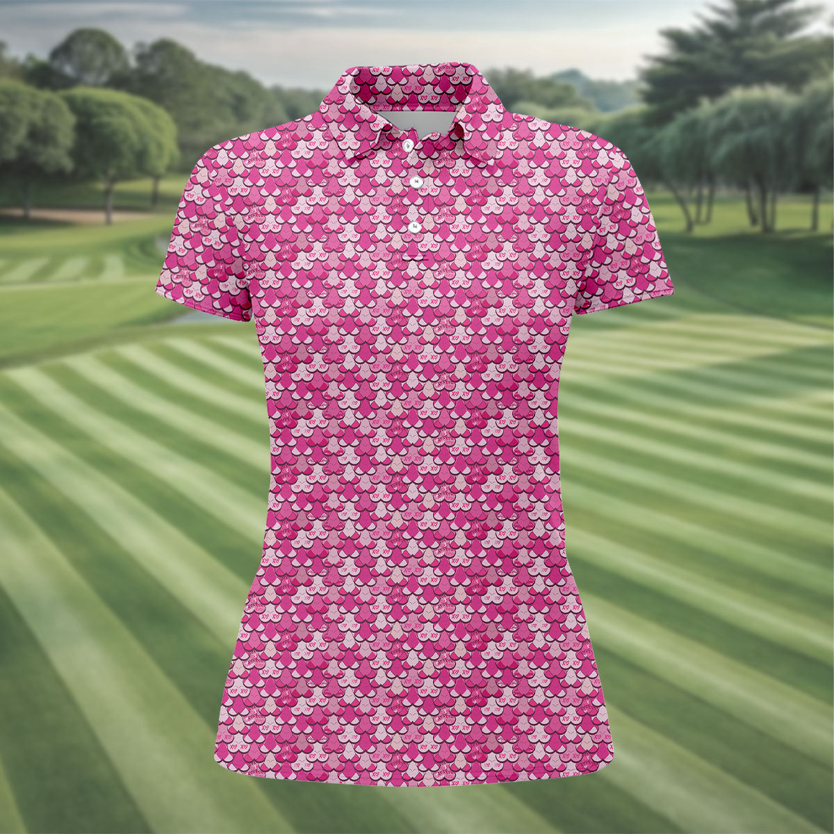 Naughty Fun XOXO Pink Women's Golf Tops, Valentines Golf Gift, Ladies Golf Polos, Golf Gifts For Women