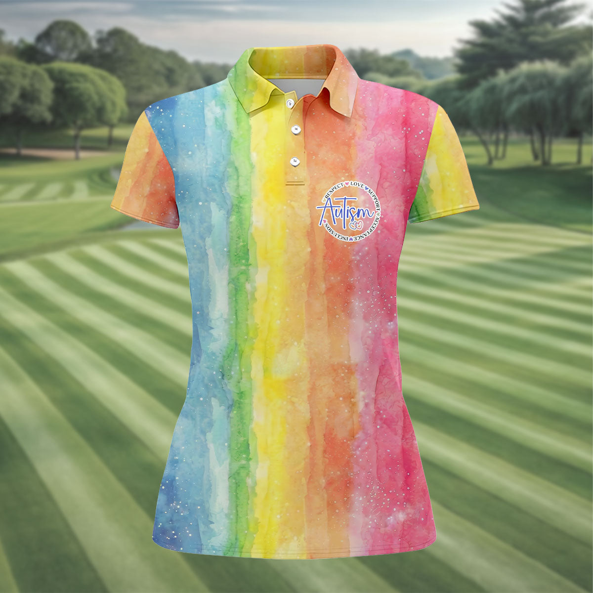 Autism Awareness Watercolor Rainbow Ladies Golf Tops, Women's Golf Shirts, Ladies Golf Polos,