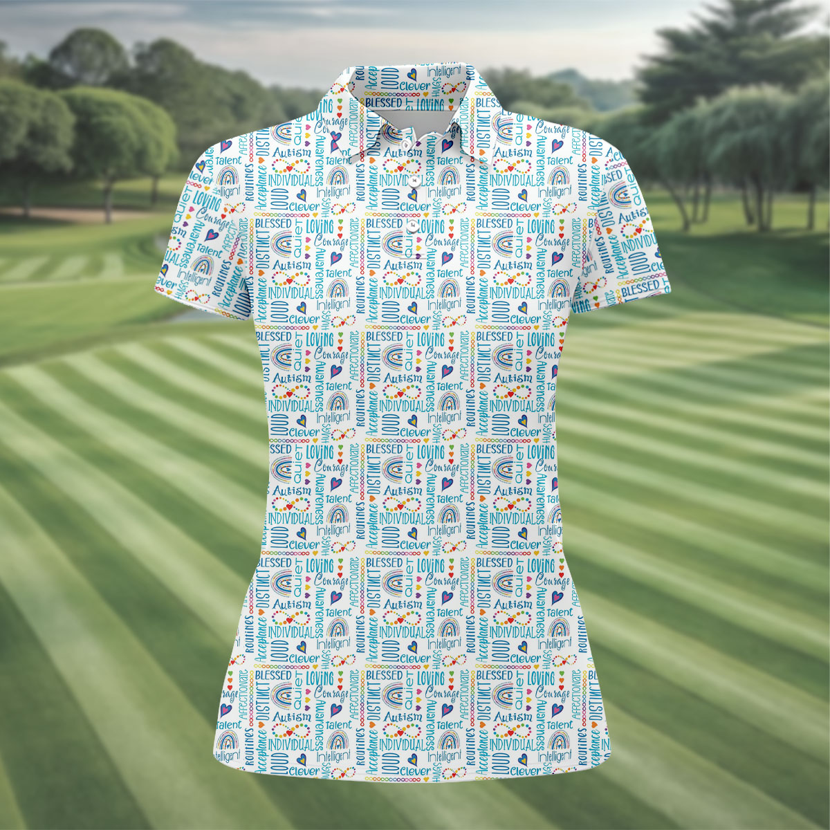 Autism Awareness Rainbow Heart Infinity Symbol Blue And White Golf Shirt For Women, Ladies Golf Polos