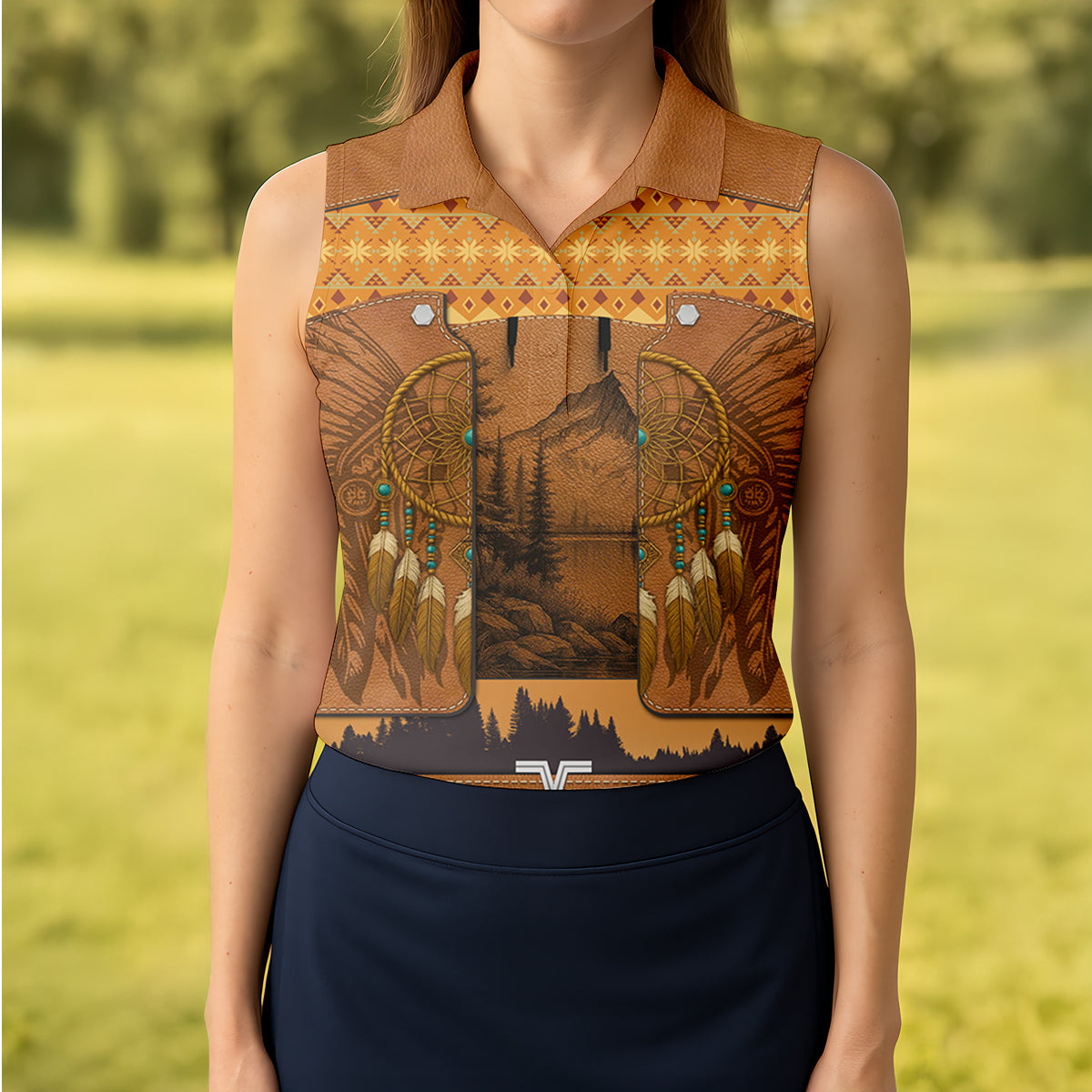 Golden Horizon Tribal Theme Women's Golf Tops, Native American Ancestry Ladies Golf Polos, Indigenous Peoples Month