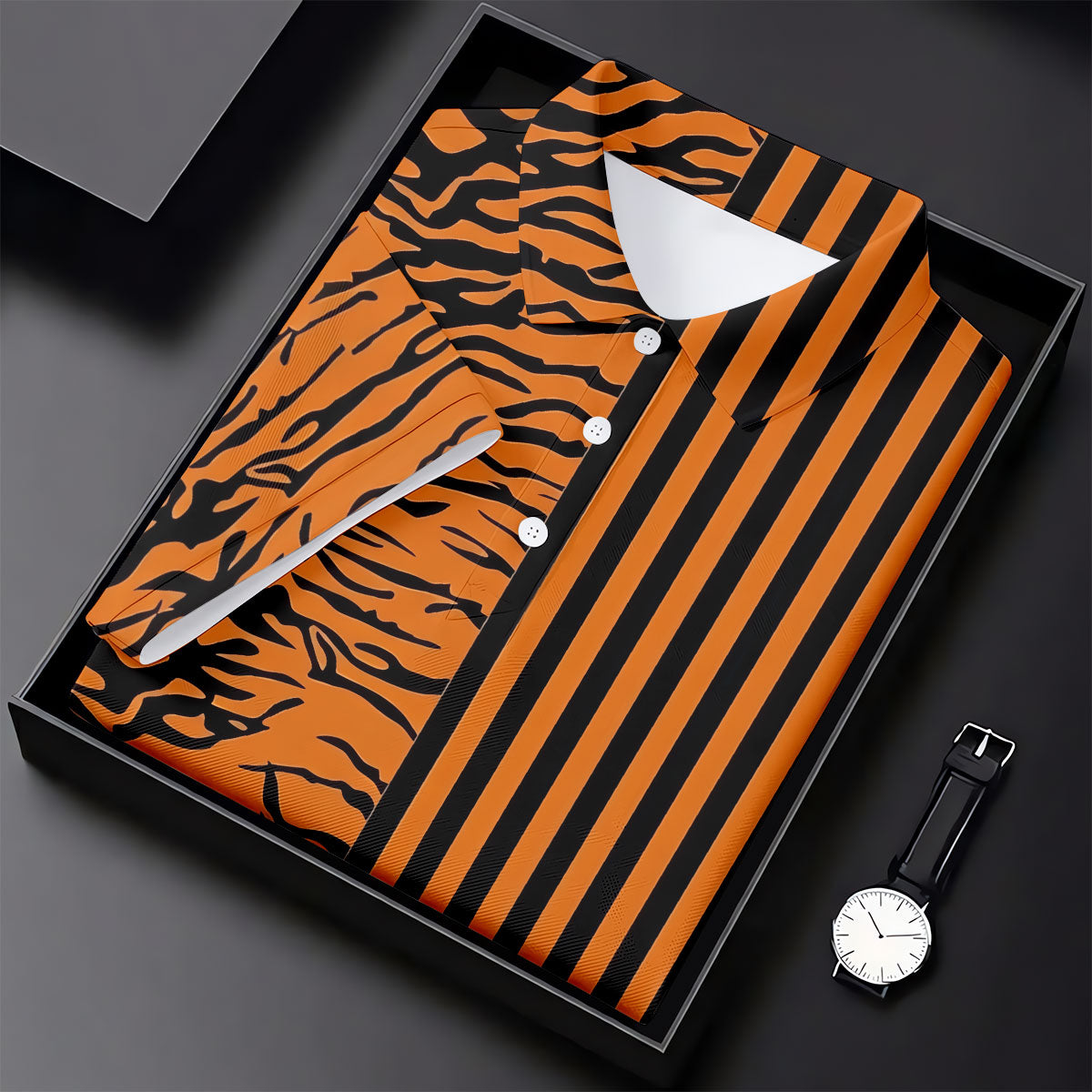 Orange Tiger Stripe Split Pattern Golf Shirt, Women's Golf Tops, Ladies Golf Shirts, Printed Golf Shirt
