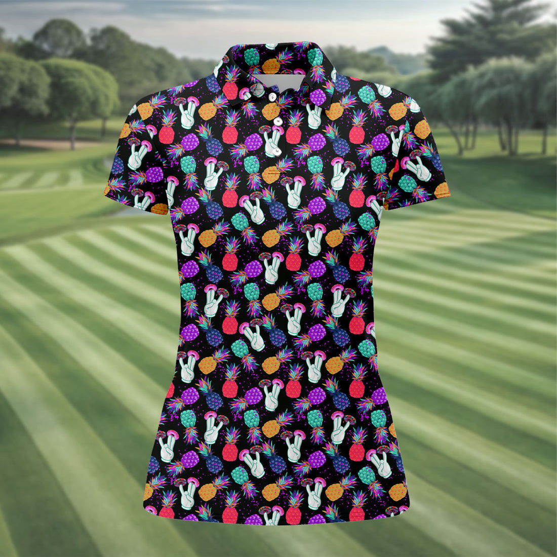 Hawaiian Pineapples Donut Finger Turquoise Orange Purple Fun Women's Golf Shirts, Women's Golf Tops
