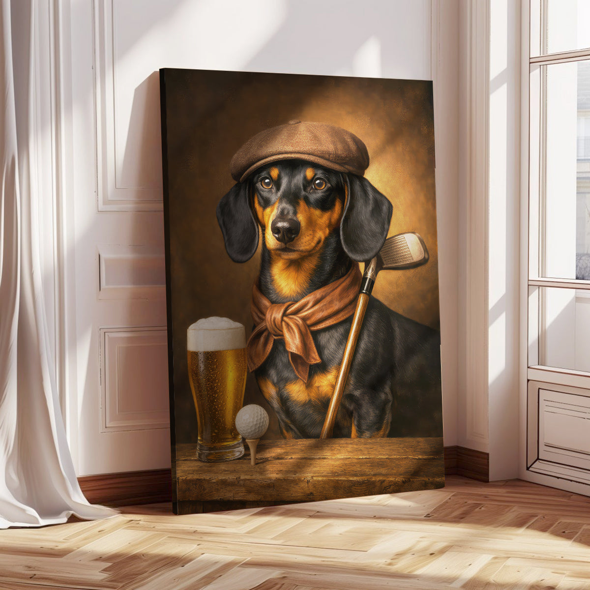Vintage Dachshund Golf Canvas, Funny Wiener Dog And Beer Poster, Gift For Golf Lovers