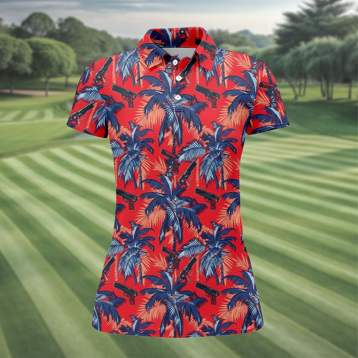 Hawaiian Palm Tree Military Theme Red Golf Shirt, Women Golf Top, Ladies Golf Shirts