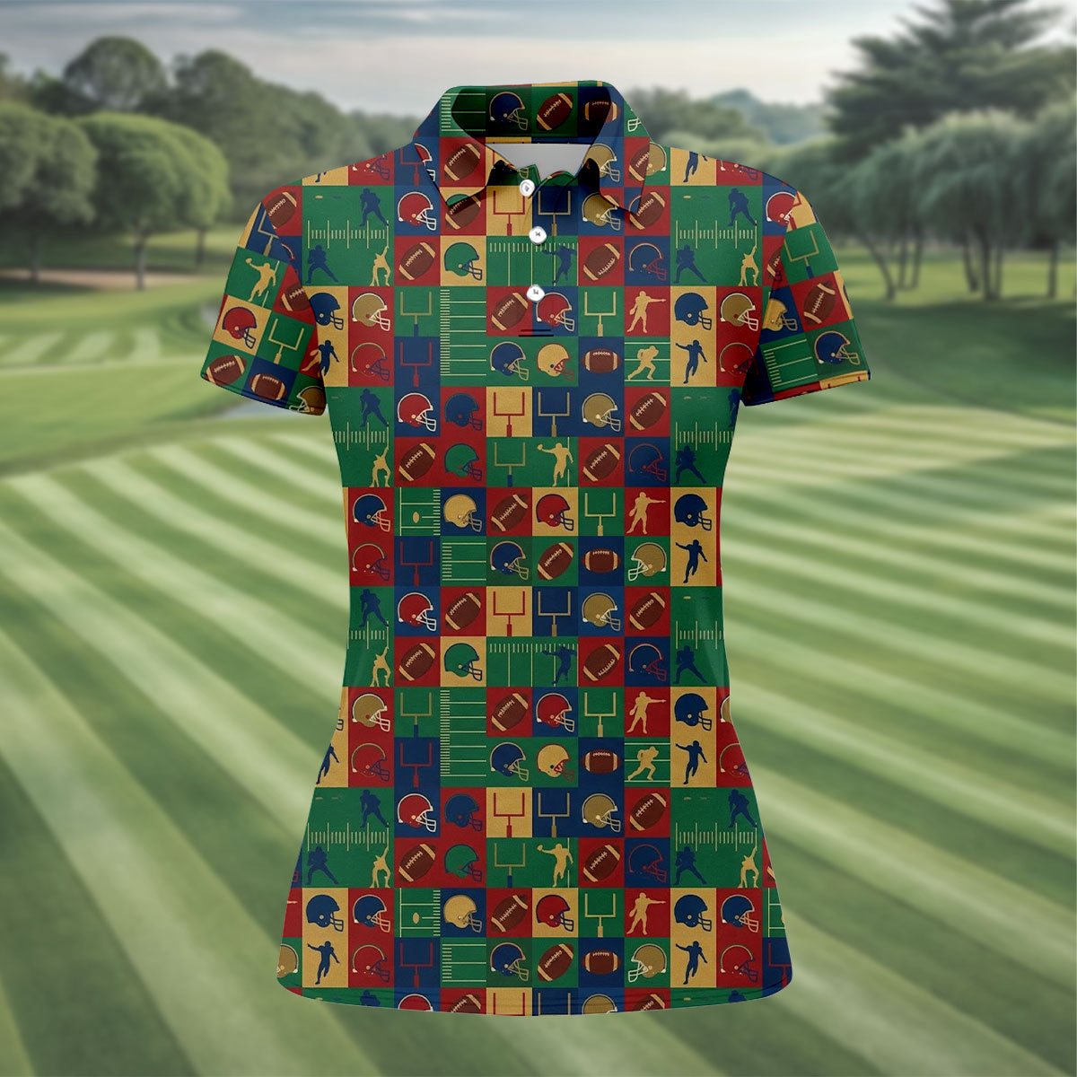 Football Pattern Square Grid Sport Polo, American Football Shirt, Game Day Football Theme Women's Green Polo Shirts