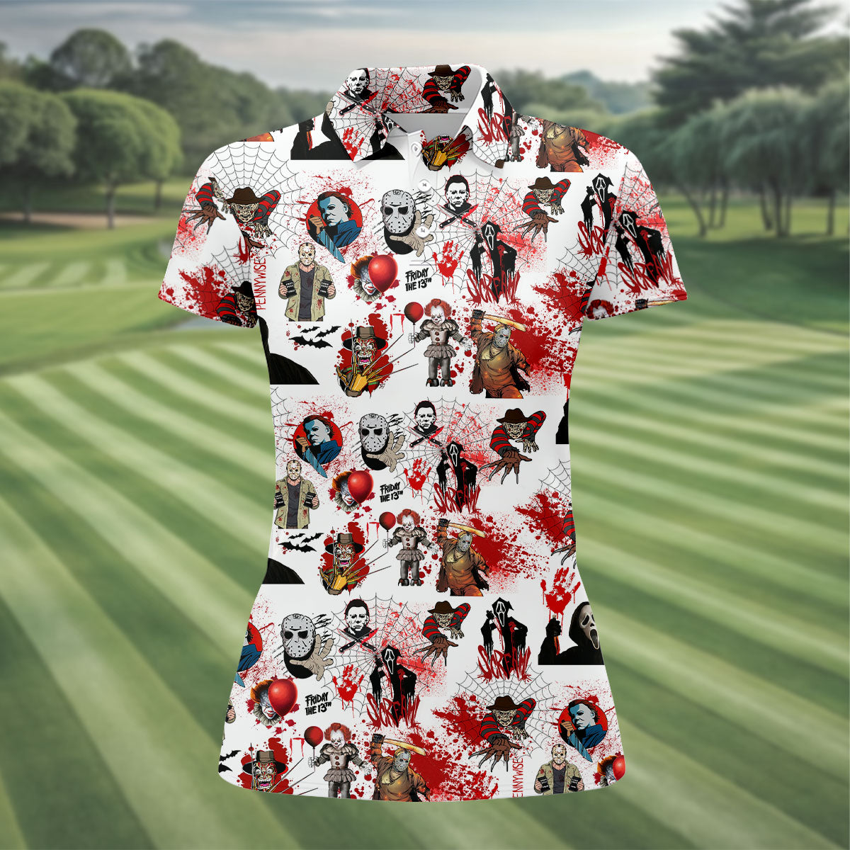 Horror Villain Blood Splatter Print Women's Golf Tops, Halloween Golf Shirt, Ladies Golf Polos, Golfing Apparel