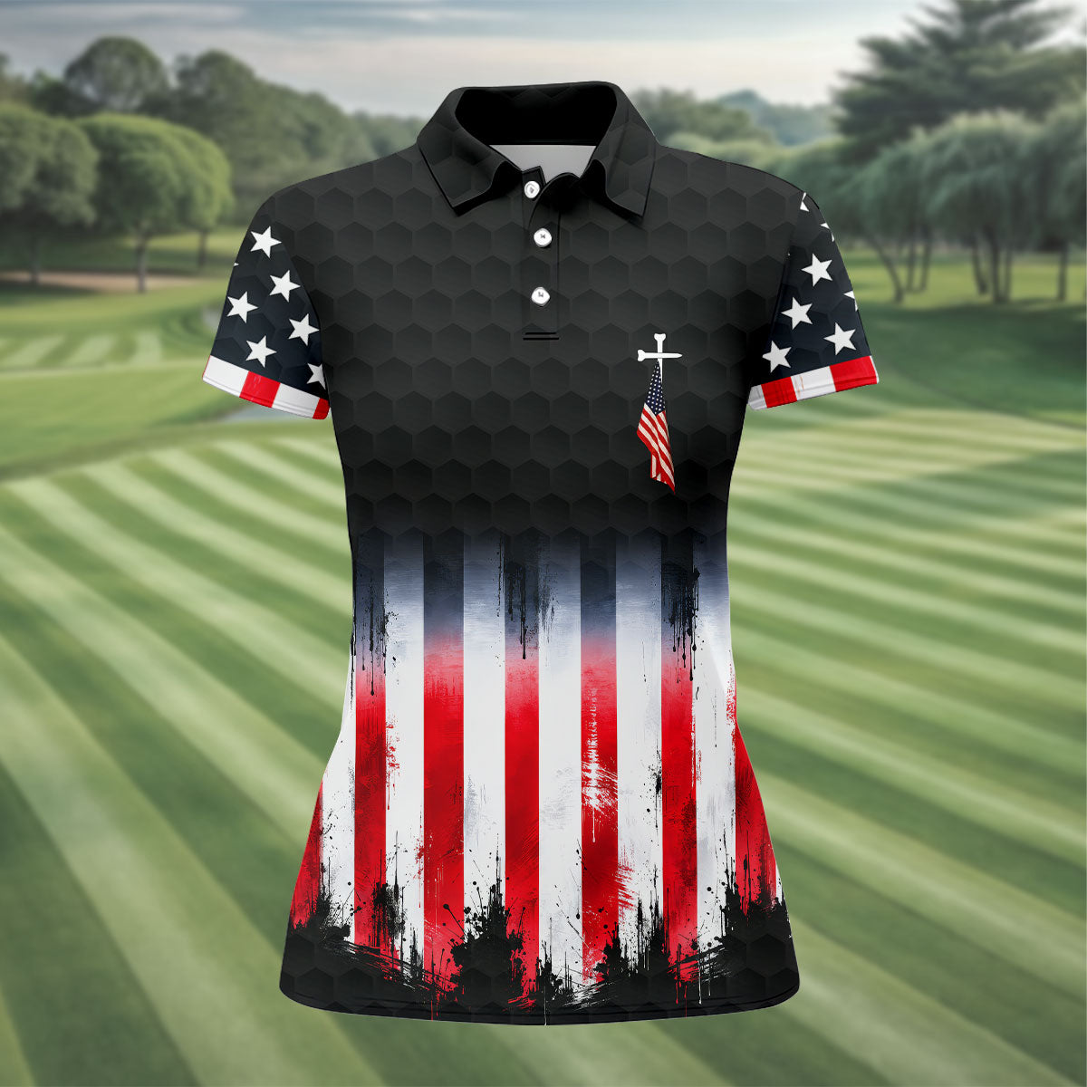 Faith Cross American Flag Patriotic Golf Ball Pattern 4th Of July Golf Shirt, 250th Anniversary Golf Shirt For Women