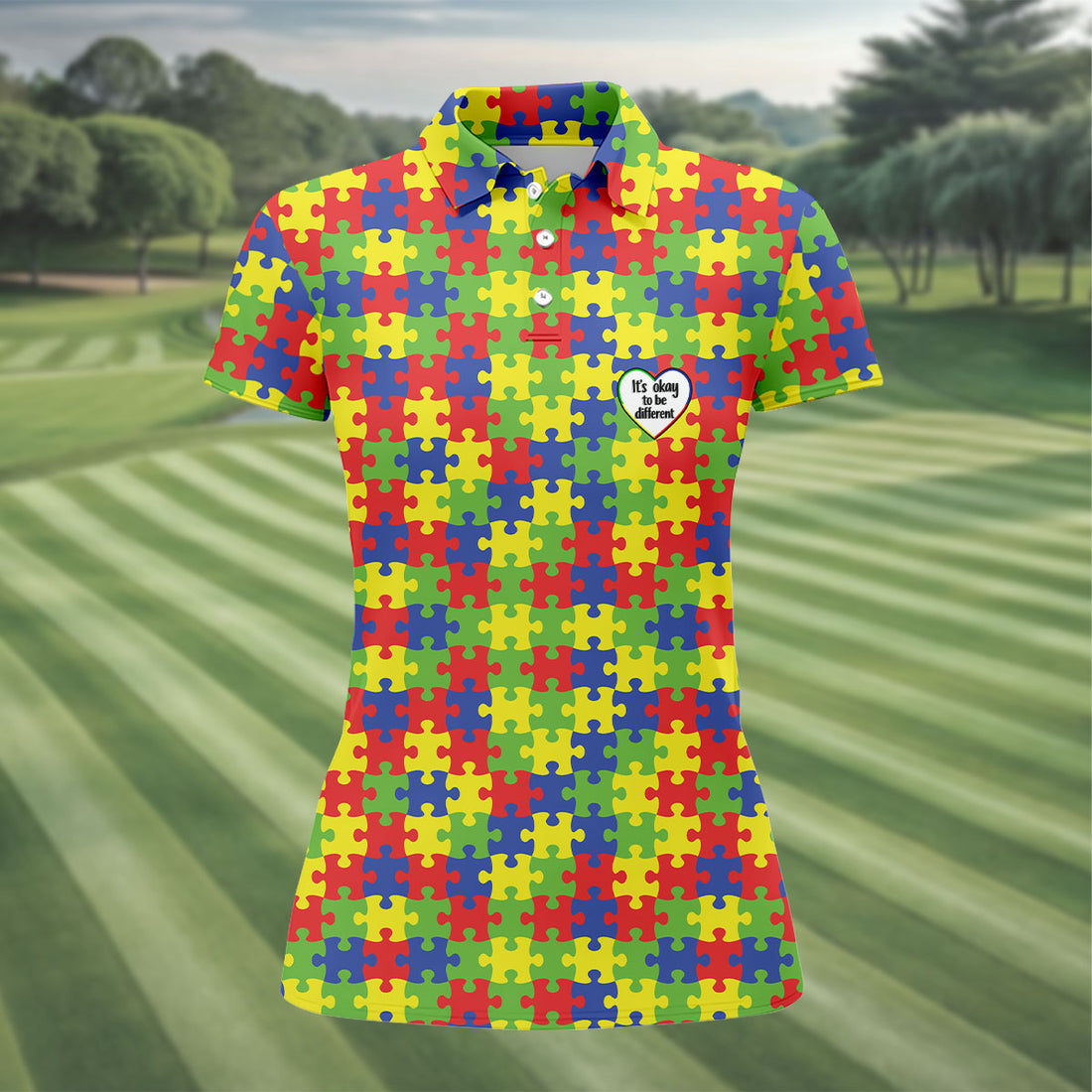 It's Okay To Be Different Autism Puzzle Women's Golf Tops, Autism Awareness Colors Ladies Golf Polos
