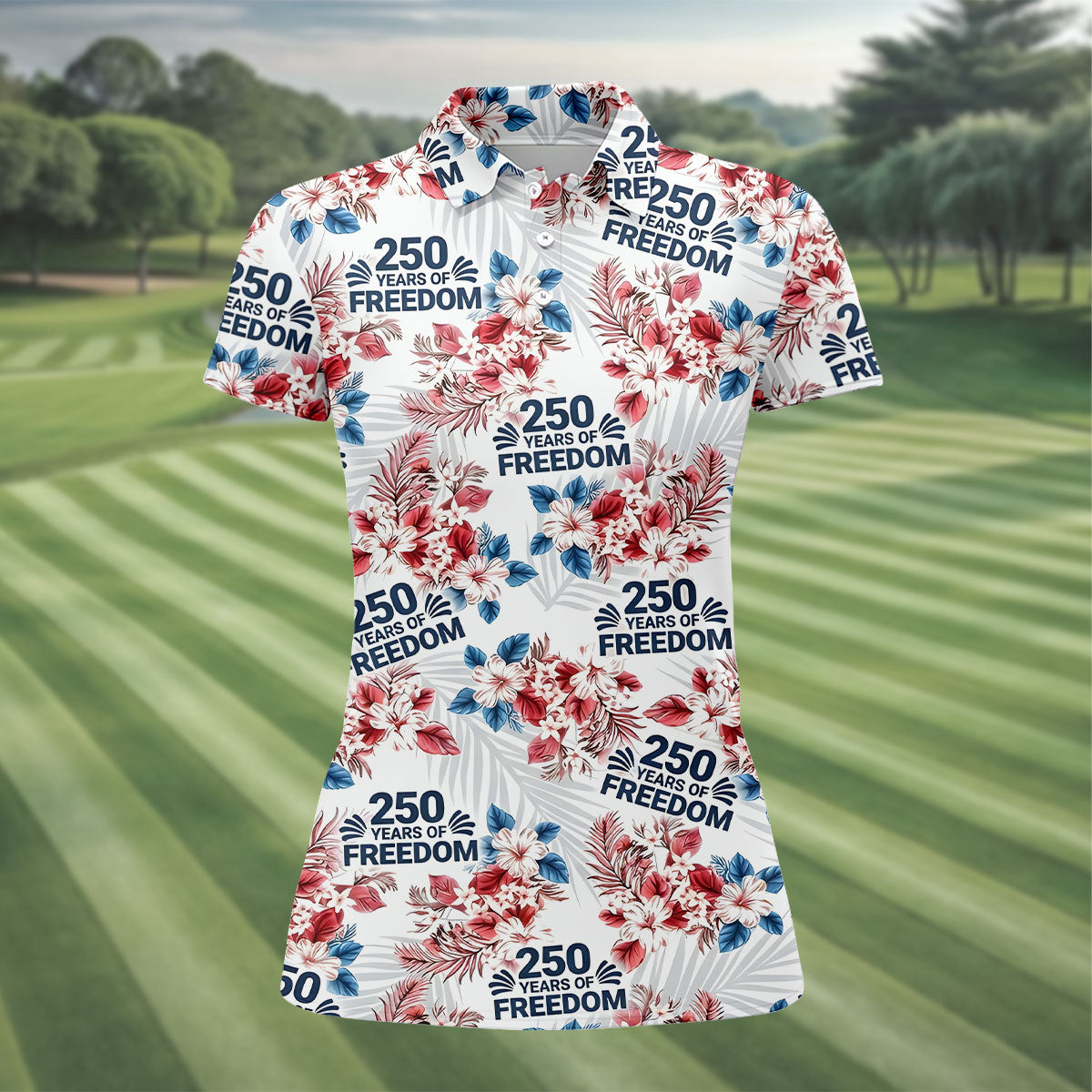 250 Years Of Freedom Tropical Vibe Retro Golf Shirt, Ladies Golf Tops, 4th Of July Golf Shirt For Women