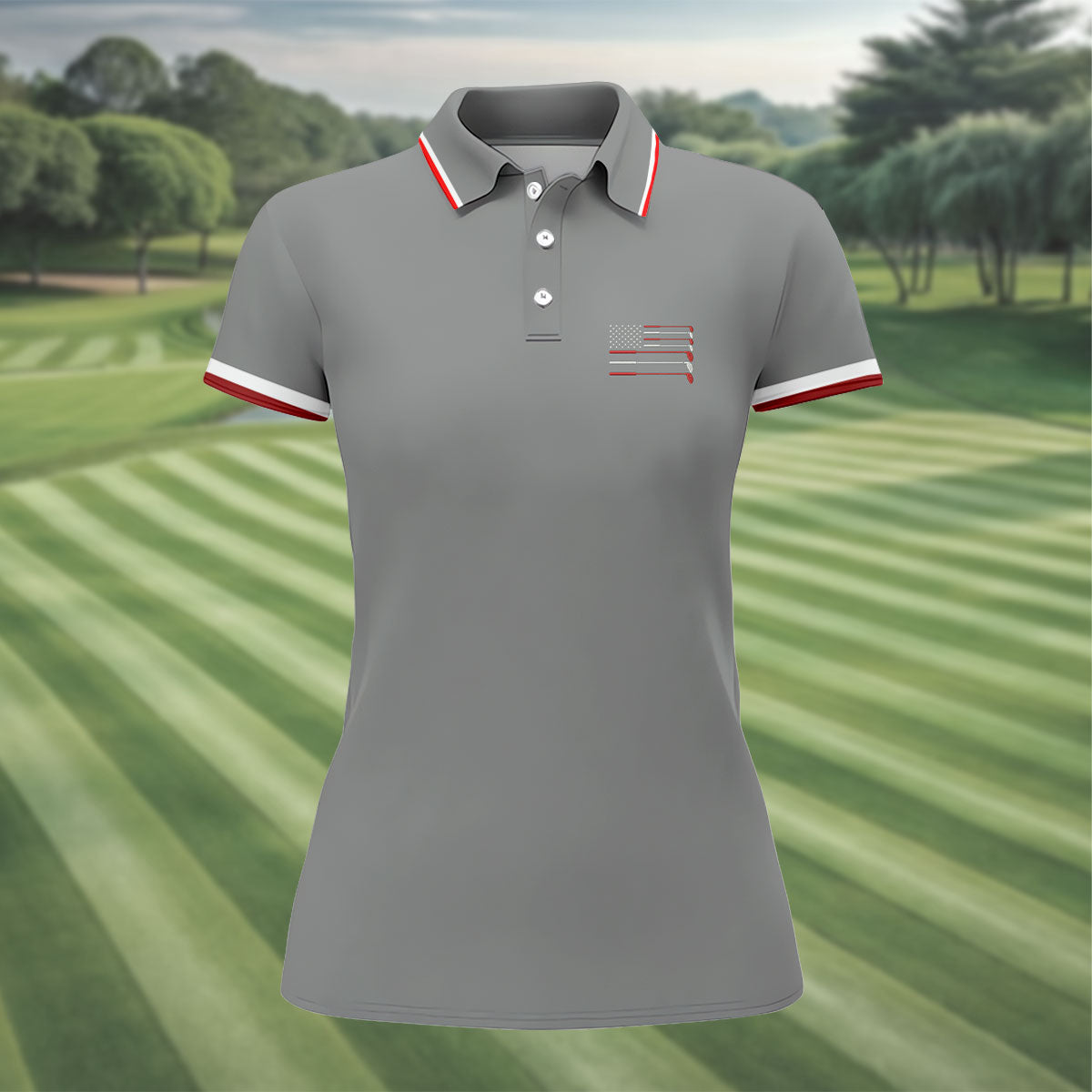 Golf Clubs US Flag Logo 250 Years Grey Golf Shirt, Patriotic 4th Of July Golf Shirt For Women