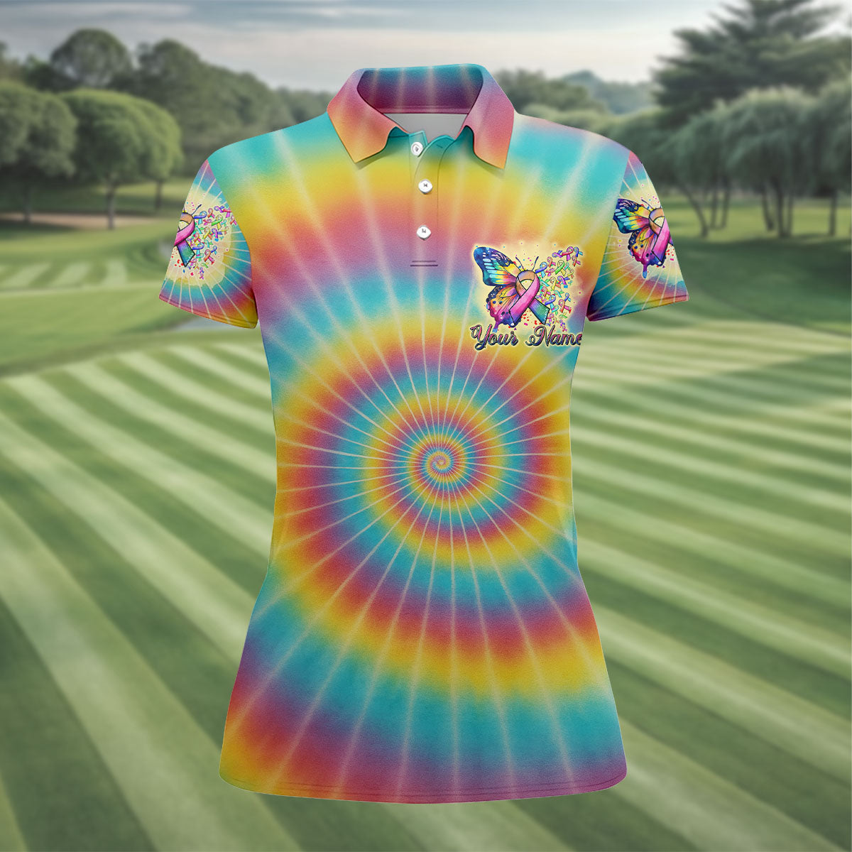 Fight Cancer In All Colors Tie Dye Print Women's Golf Shirts, Cancer Awareness Shirt, Ladies Golf Polos