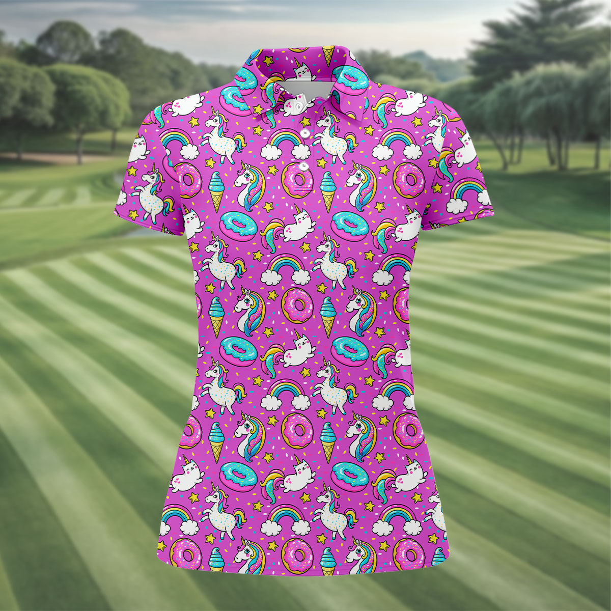 Funny Pink Donut Unicorn Women Golf Shirts, Ladies Golf Shirt, Women Sleeveless Polo Shirt