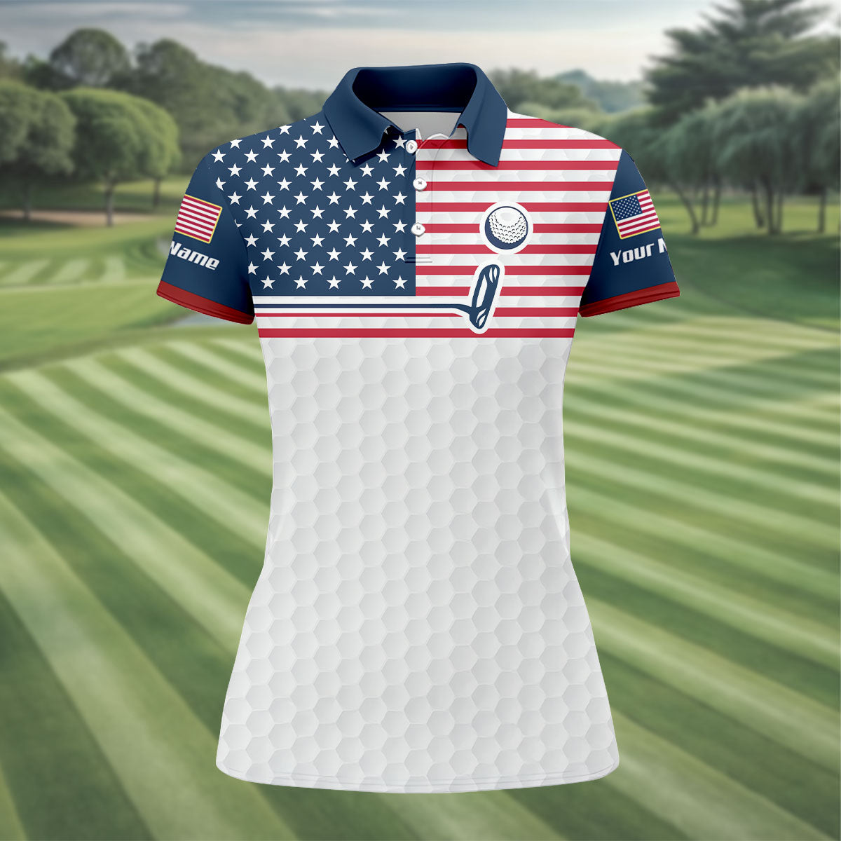 Patriot American Flag Golf Putter Golf Ball Pattern Women's Golf Tops, 250th Anniversary Patriotic Golf Shirt