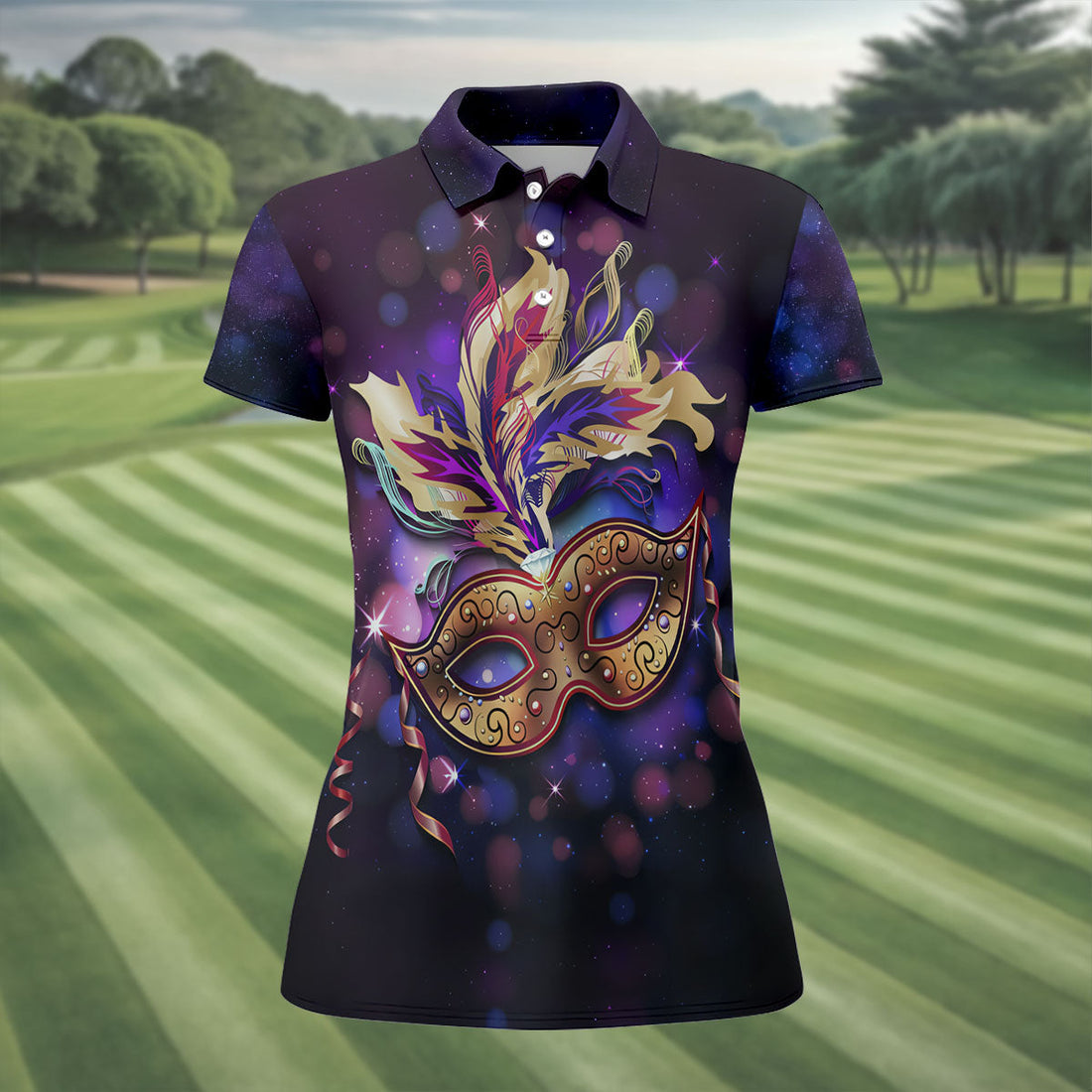 Mardi Gras Mask Feather Ribbon Purple Golf Shirt, Women's Golf Tops, Ladies Golf Shirt