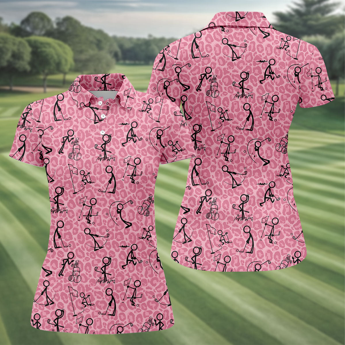 Golf Stick Man Pink Leopard Print Women Golf Top, Unique Gift For Golfer, Ladies Golf Polos