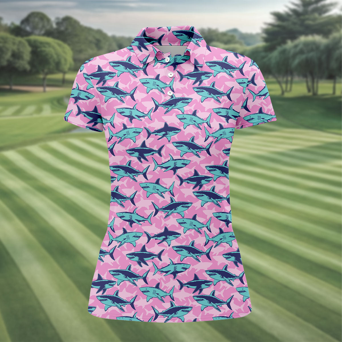 Shark Pattern Hawaiian Golf Shirt, Pink Golf Shirt, Golf Shirt For Women, Golfing Apparel