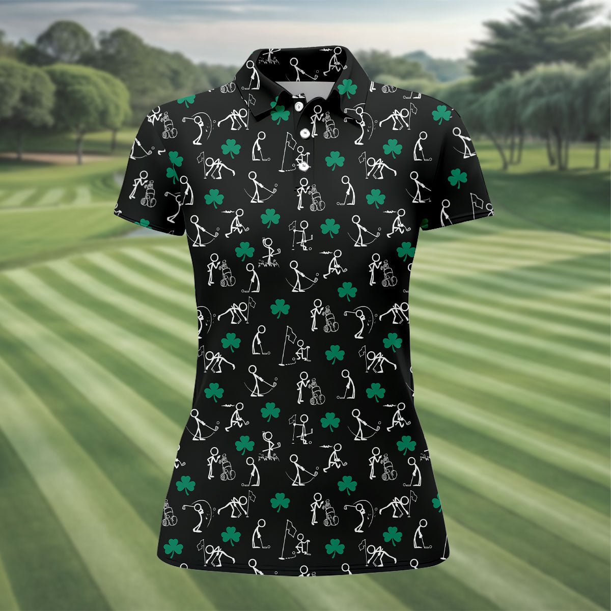 Stick Figure Golf Pose St Patrick's Day Shamrock Black Golf Shirt, Women's Golf Tops, Ladies Golf Polos