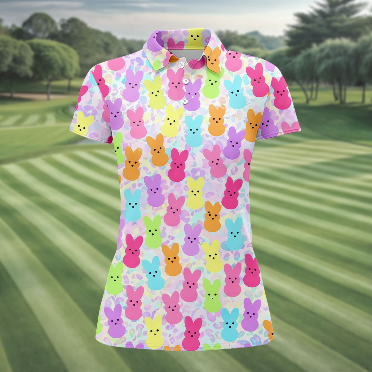 Pastel Easter Peeps Women Golf Top, Cute Golf Outfit, Fun Women's Golf Shirts, Ladies Golf Shirts