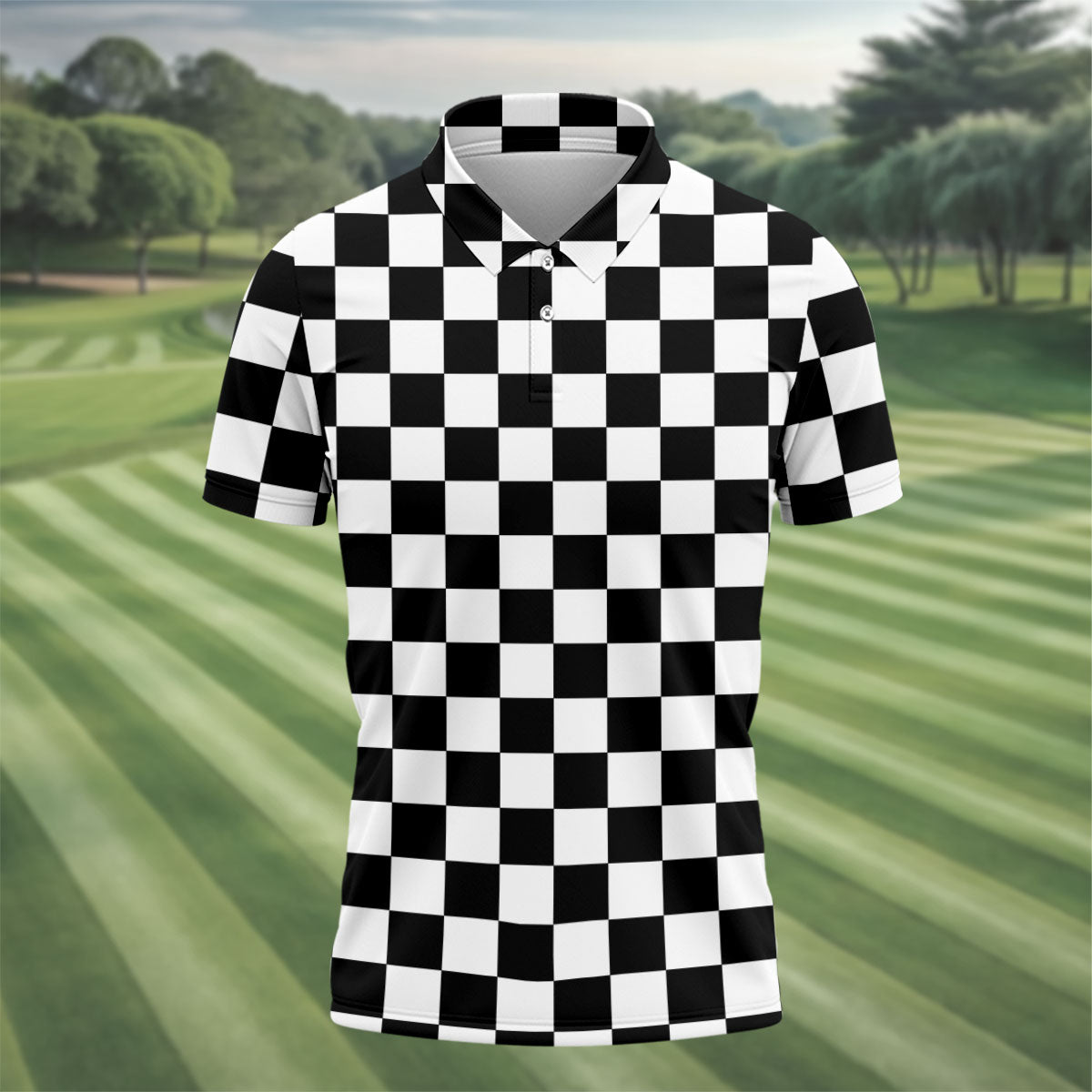 Black White Checkerboard Golf Shirt, Racing Flag Men's Golf Polo, Polo Shirts For Men
