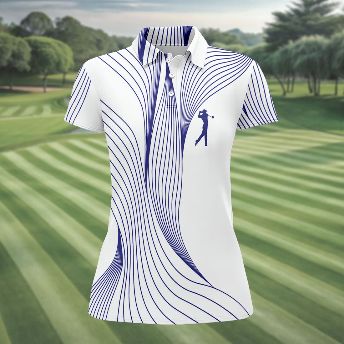 Geometric Line Wavy Line Purple And White Women's Golf Tops, Ladies Golf Shirts, Women's Polo Shirt