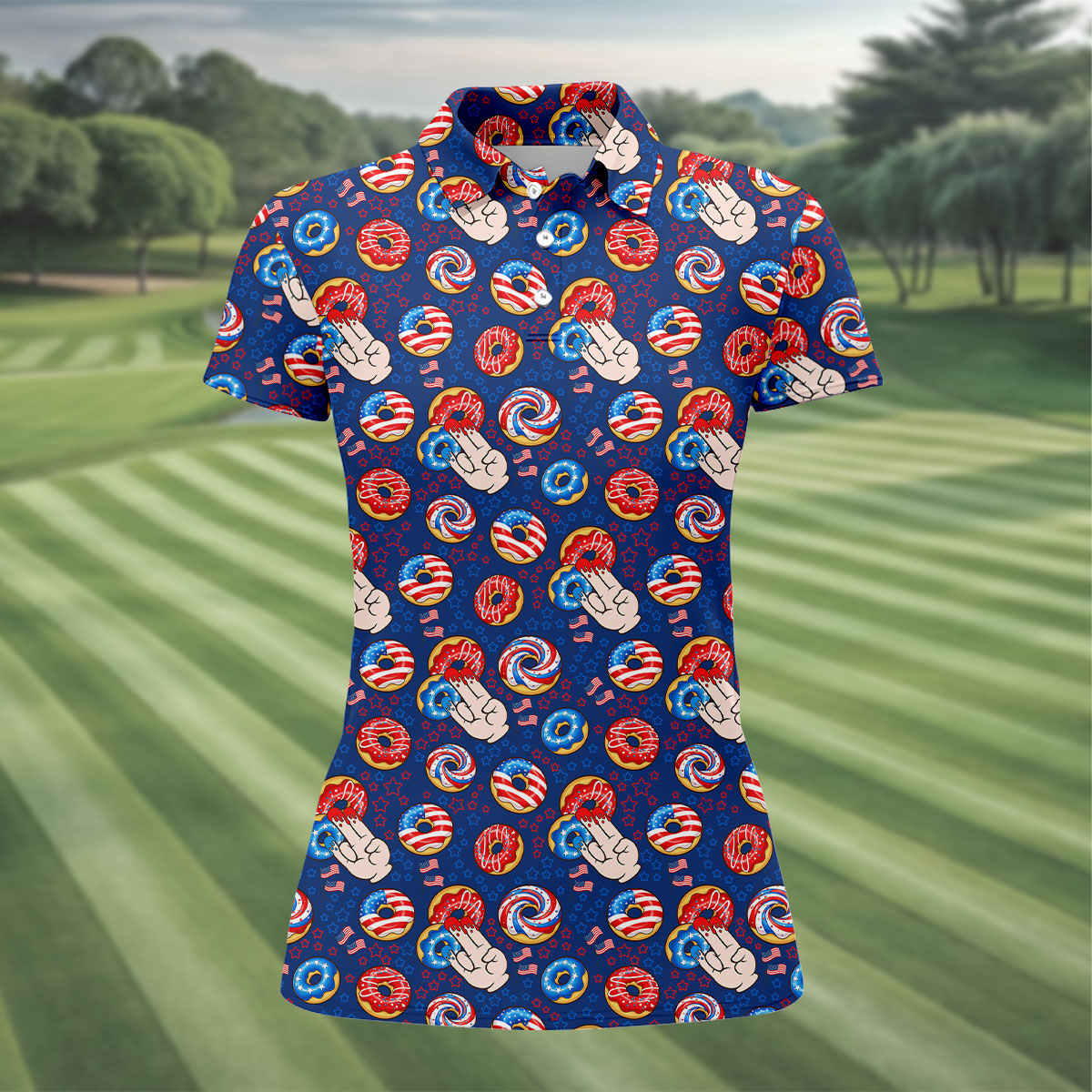 Donut Finger Funny Dirty American Flag Pattern Blue Women Golf Top, 250th Anniversary Patriotic Golf Shirt