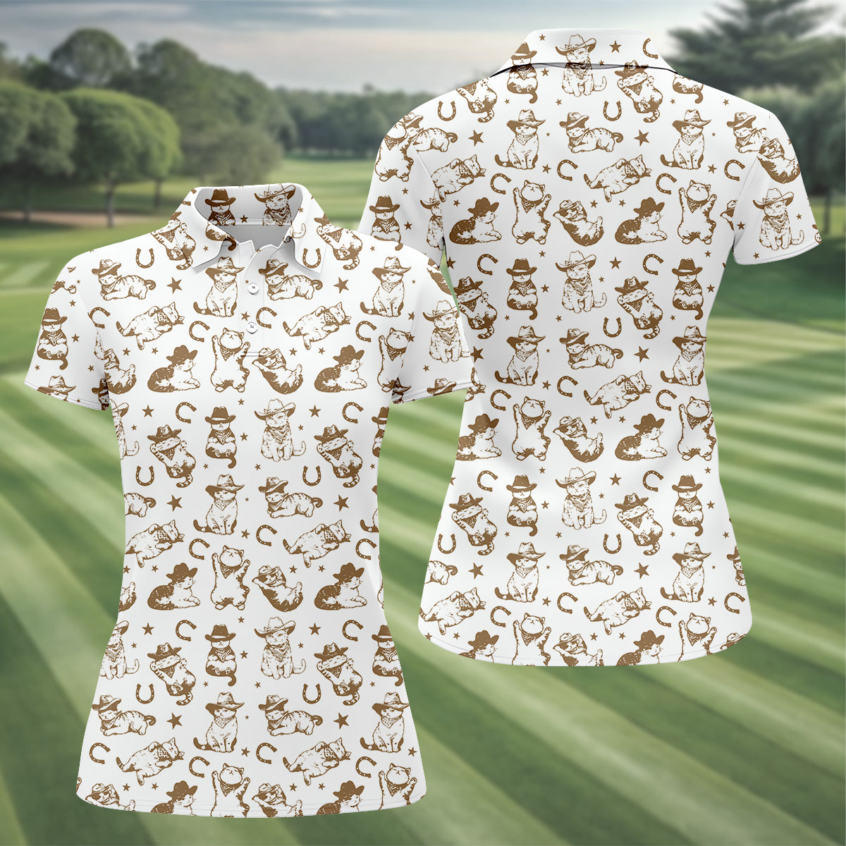 Western Cat Pattern Womens Golf Polo Shirt Ladies Golf Gift Ideas, Ladies Golf Tops, Matching Golf Shirts