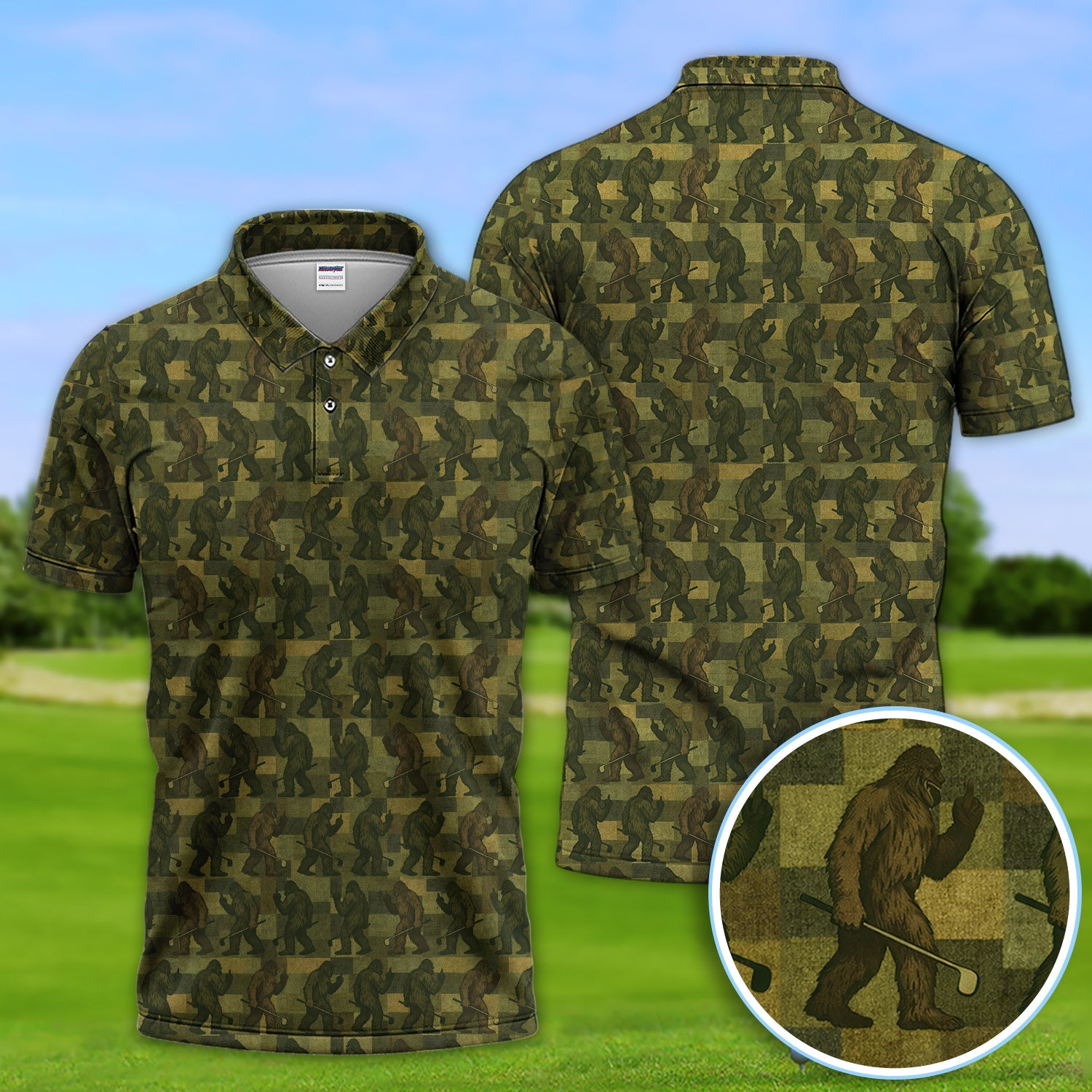 Bigfoot Caro Pattern Golf Polos, Sasquatch Camo Golf Shirt For Golfer, Golf Gift For Men