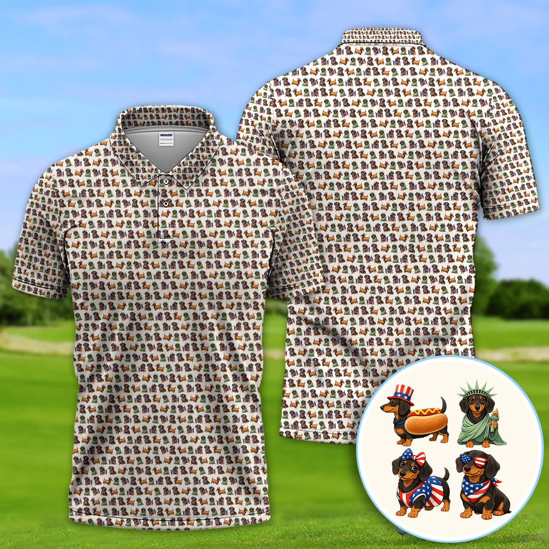 American Dachshund Pattern Golf Shirt, Funny Wiener Dog USA Golf Shirt For Men, Golf Gift For Golfer