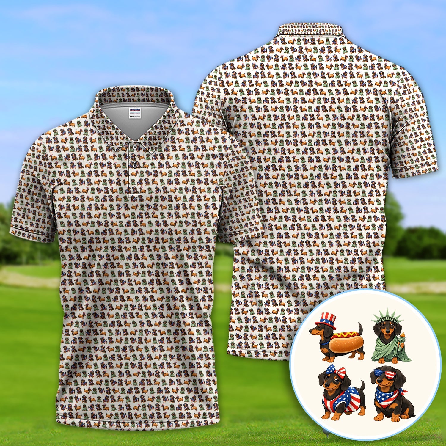 American Dachshund Pattern Golf Shirt, Funny Wiener Dog USA Golf Shirt For Men, Golf Gift For Golfer