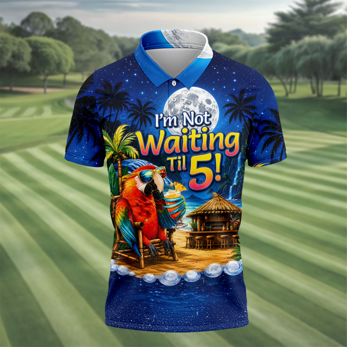 Parrot Drinking Cocktail Tiki Bar Not Waiting Til 5 Golf Shirt, Golf Shirts For Men, Hawaiian Golf Shirt, Mens Golf Apparel