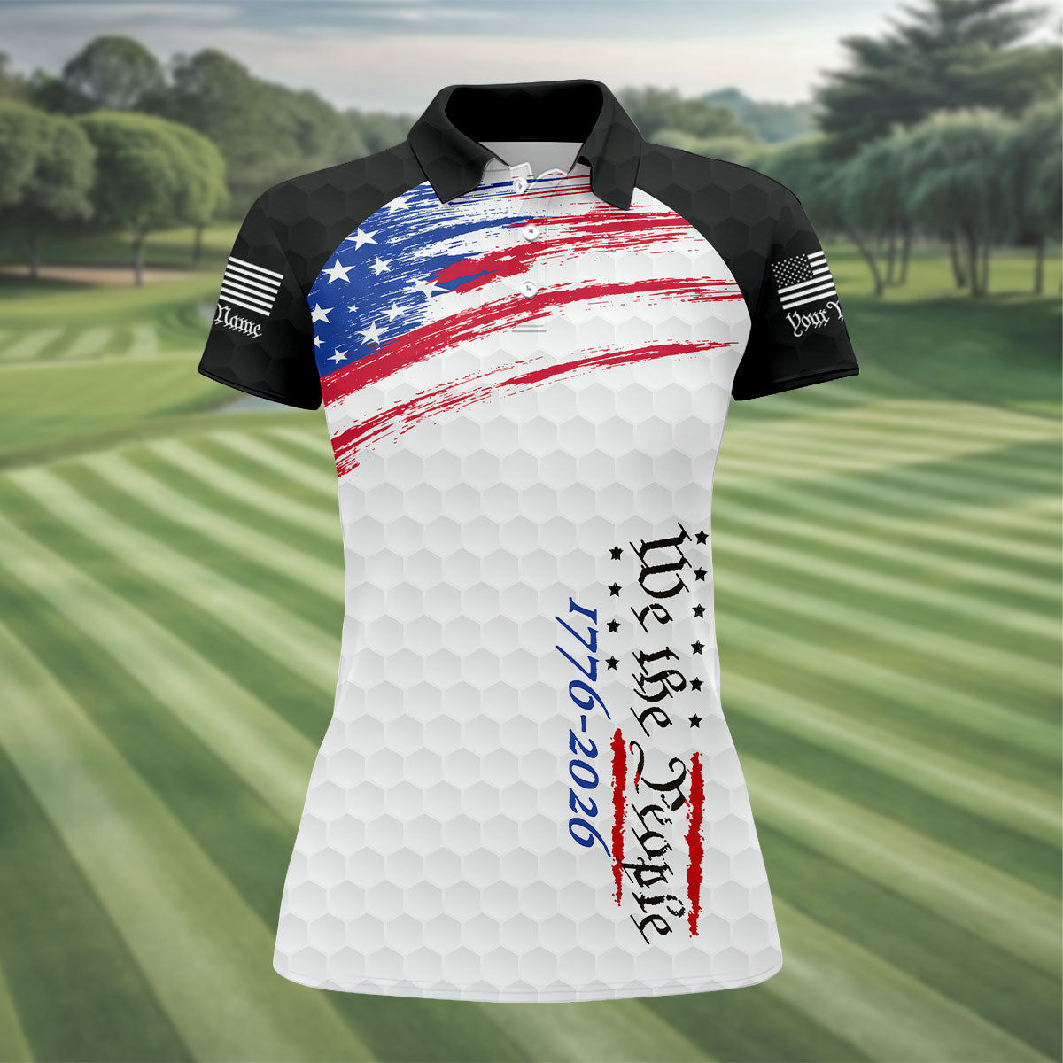 We The People 1776-2926 American Flag Brush Black Golf Shirt, 250 Years Patriotic 4th Of July Golf Shirt For Women