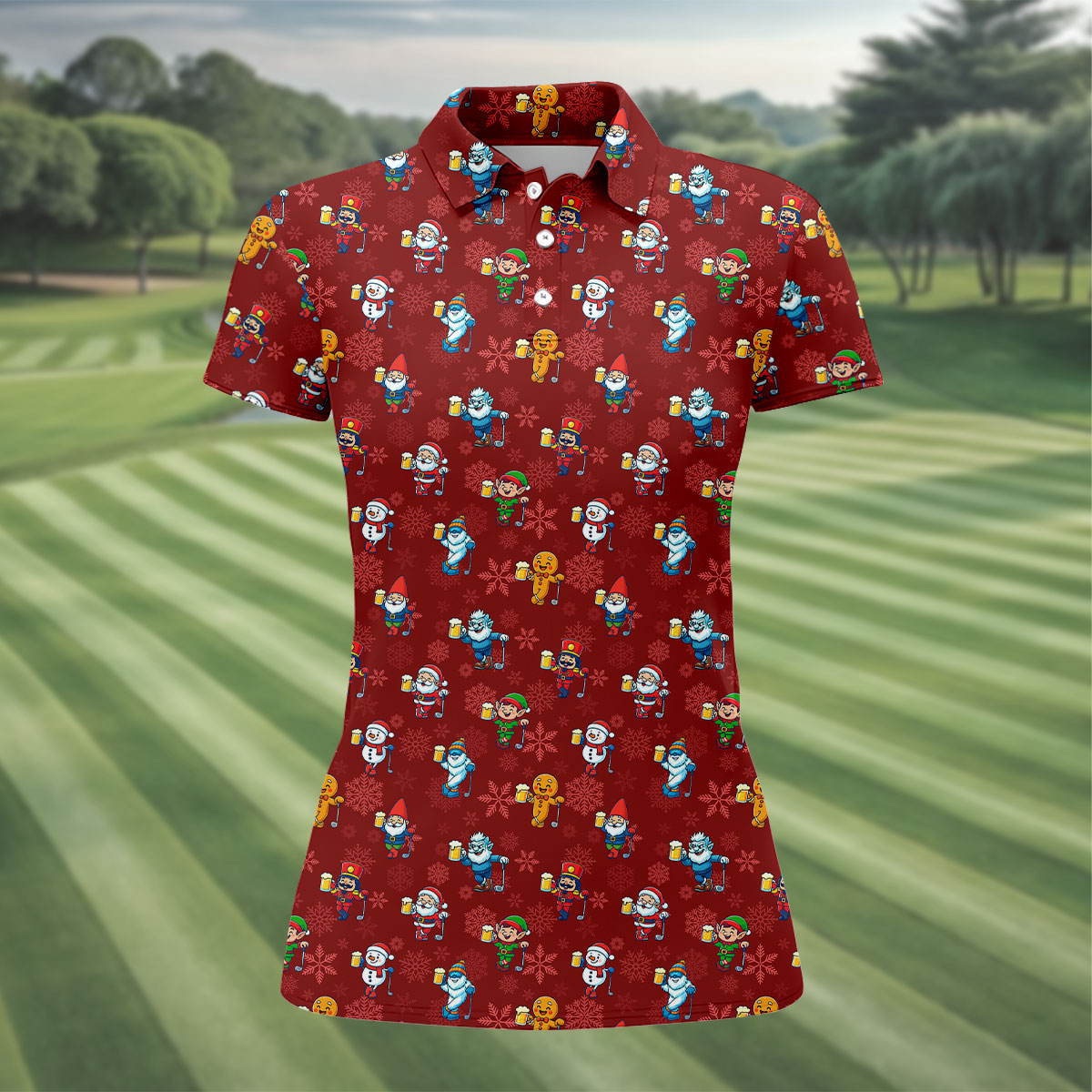 Christmas Characters Golf And Beer Red Women's Funny Golf Shirts, Christmas Golf Shirt, Polo ShirtFor Women