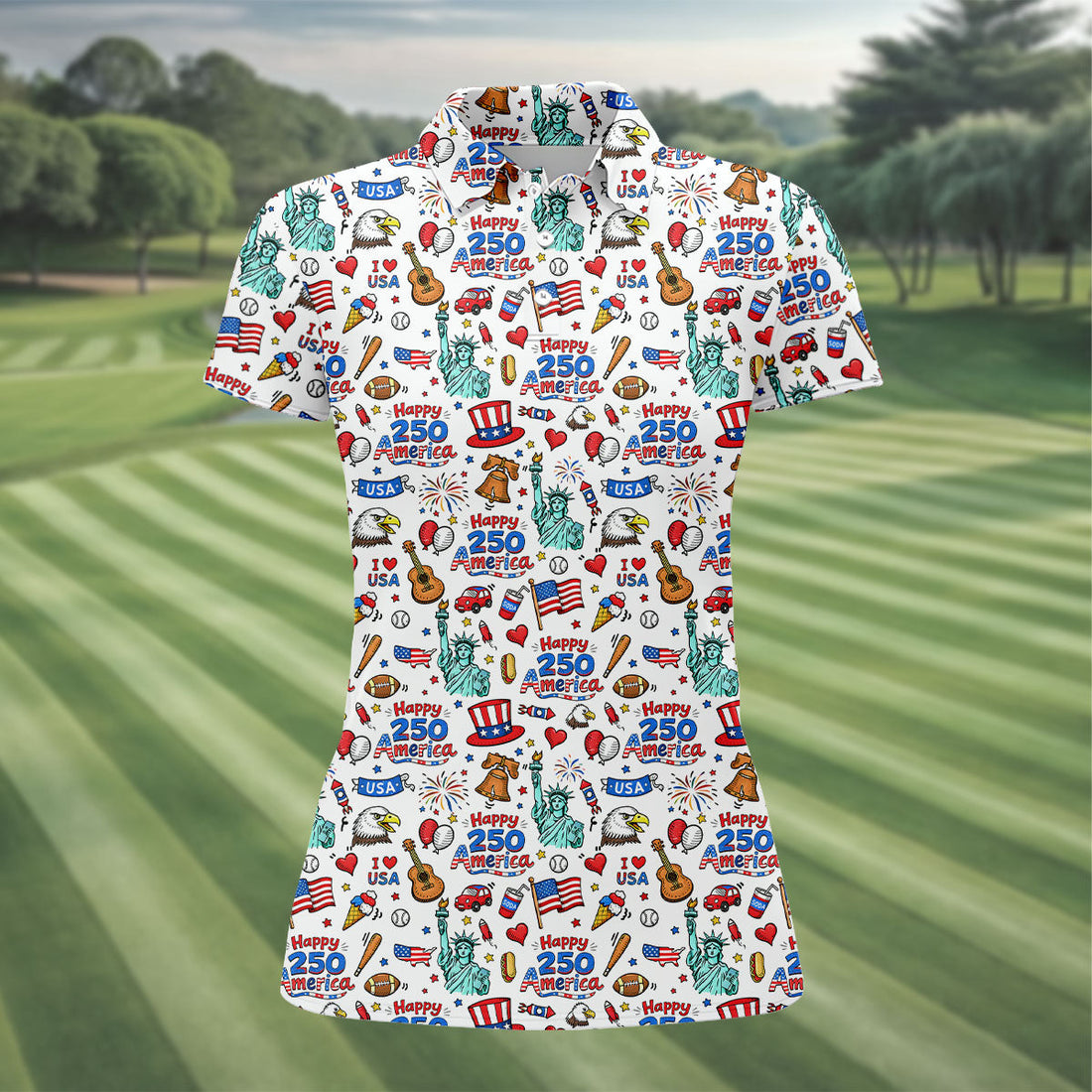 Happy 250 America Independence Celebration White Golf Shirt, Patriotic 4th Of July Golf Shirt For Women