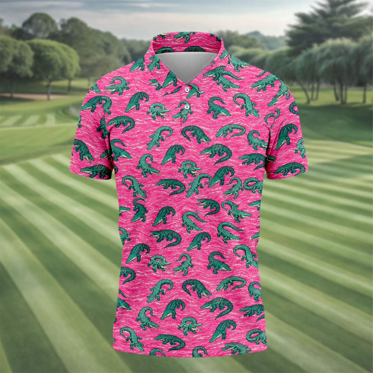 Alligator Pattern Golf Shirt, Pink Gator Print Men's Golf Polo, Polo Shirts For Men