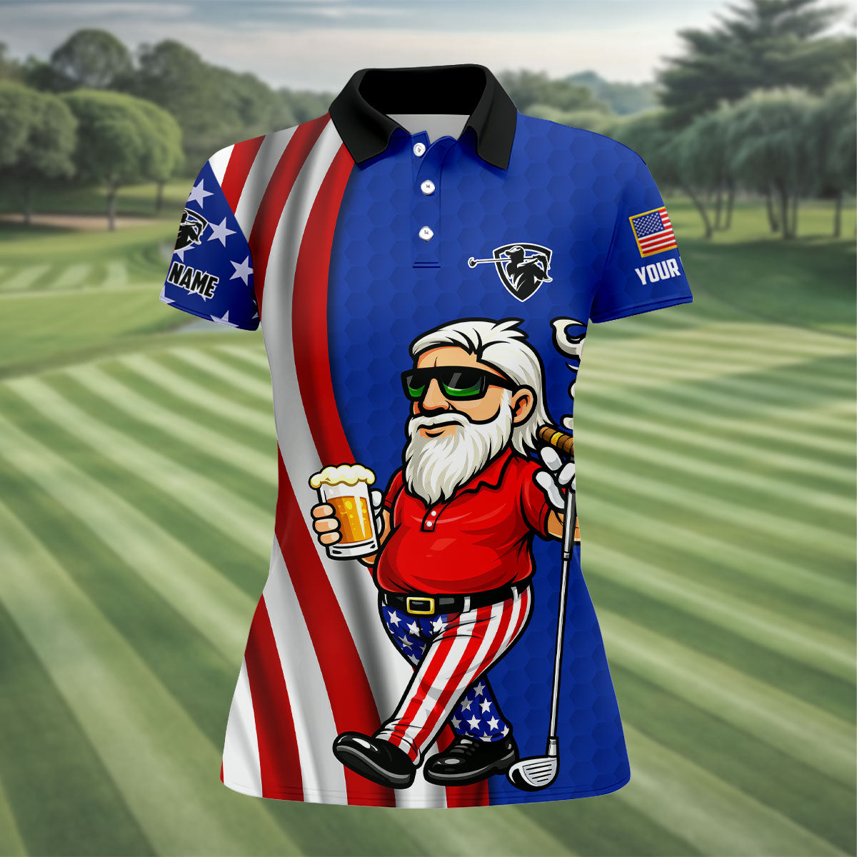 Patriotic Man Golf And Beer Funny 4th Of July Navy Golf Shirt, 250 Years Of America Women's Golf Tops
