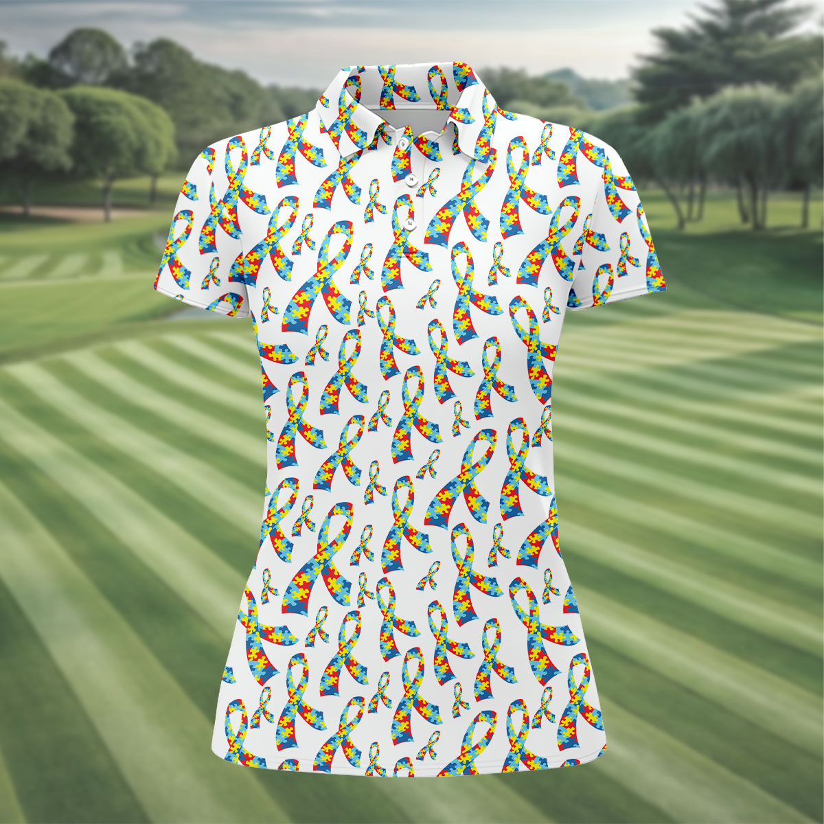 Autism Awareness Ribbon Women's Golf Tops, Autism Ribbon Ladies Golf Shirts, Ladies Golf Polos