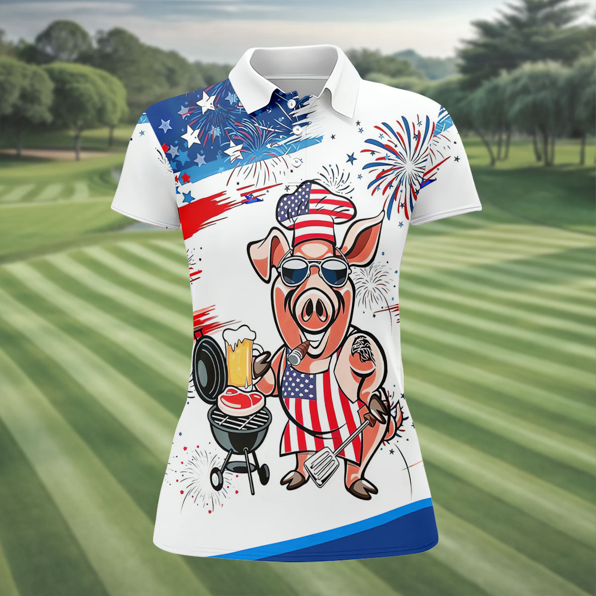 Patriotic American Flag Funny BBQ 250th Anniversary Women's Polo Shirt, Ladies Golf Shirts