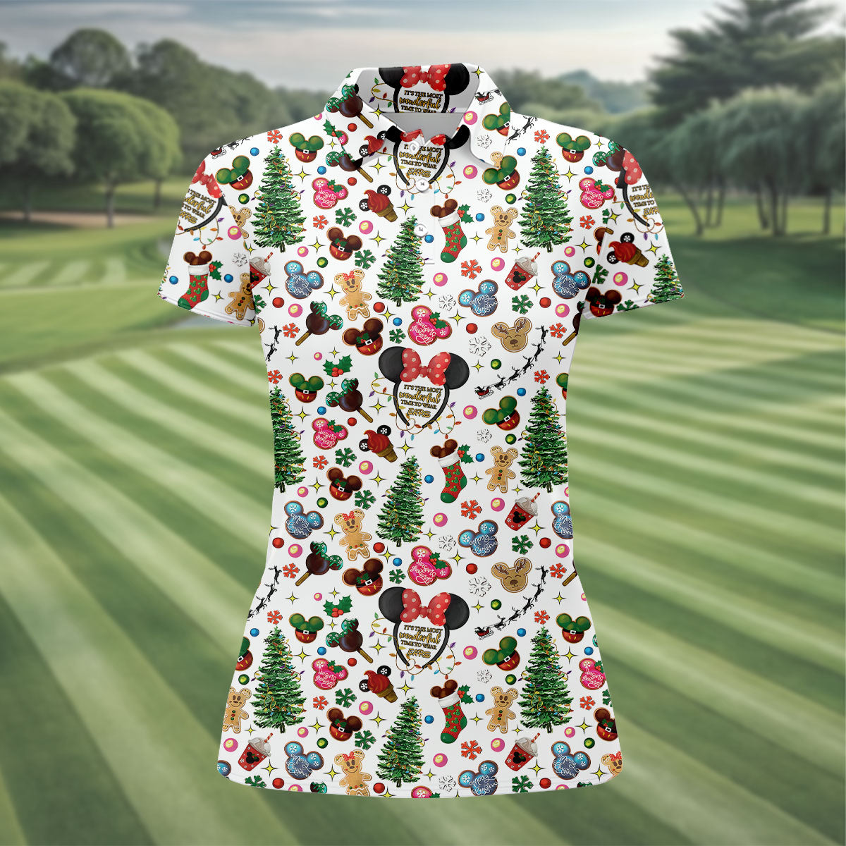 Christmas Cute Pattern Women Golf Top, Cartoon Print Ladies Golf Polos, Christmas Golf Shirt, Golfing Apparel