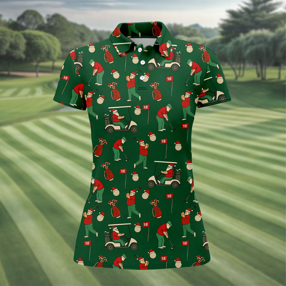 Golfing Santa Green Christmas Fun Women's Golf Shirts, Ladies Golf Shirts, Christmas Golf Shirt