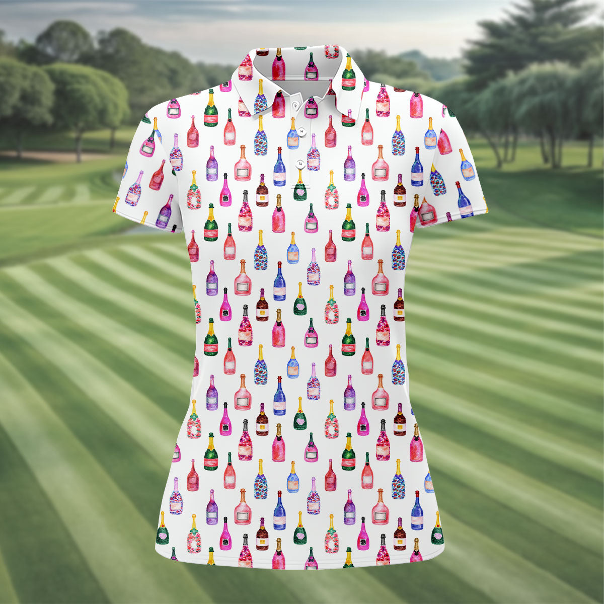 Champagne Bottles Seamless Pattern Watercolor Style Retro Golf Shirt, Ladies Golf Polos, Golf Shirt For Women