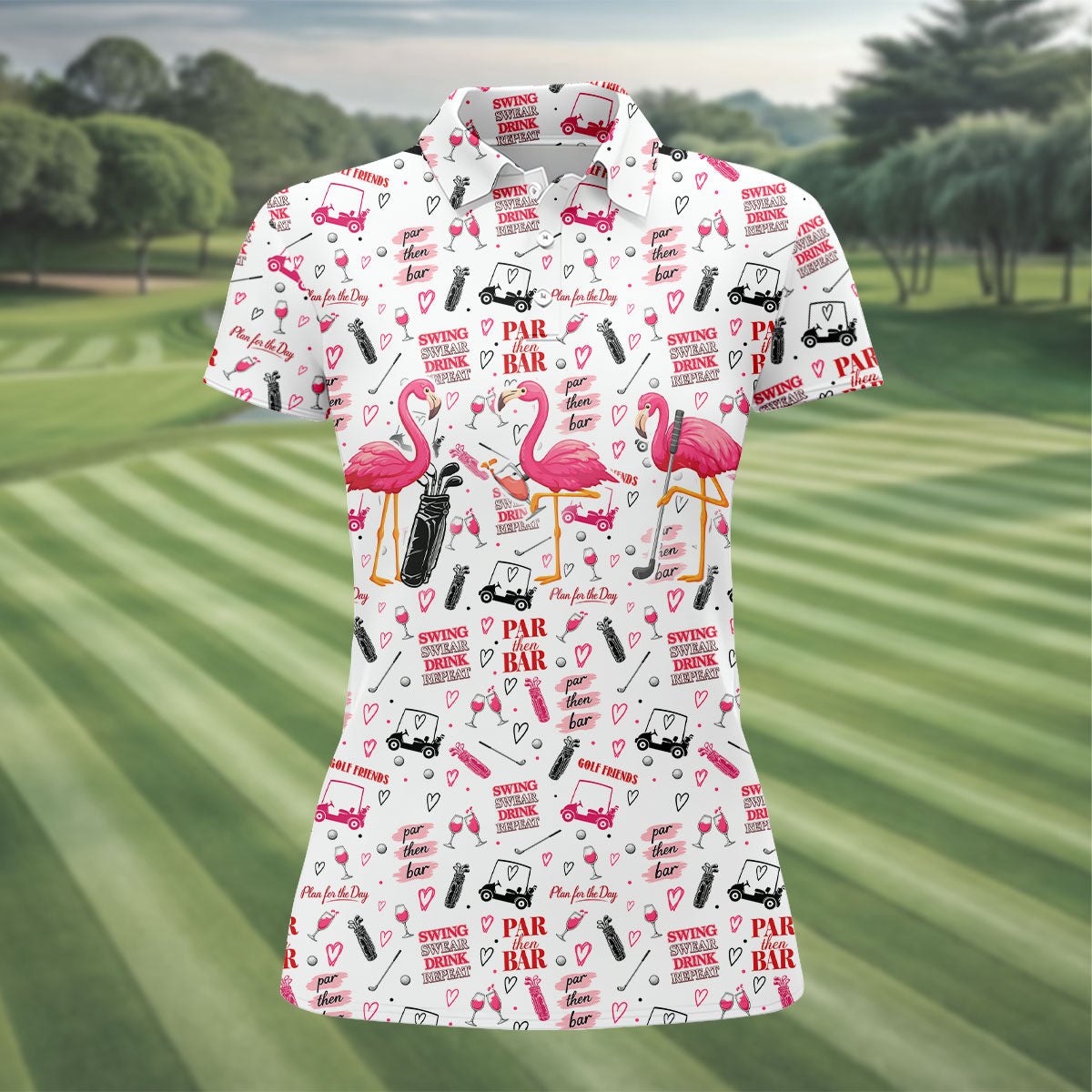 Par Then Bar Flamingo Golf Shirt, Tropical Party Ladies Golf Tops, Golf Shirt For Women