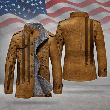 We The People 250 Years Distressed Flag Men's Cold Premium Weather Jacket, Leather Trench Coat