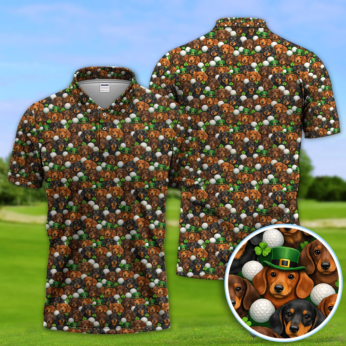 Dachshund St. Patrick’s Day Golf Polos, Wiener Dog Pattern Golf Shirt For Men, Funny Golf Gift For Golfer