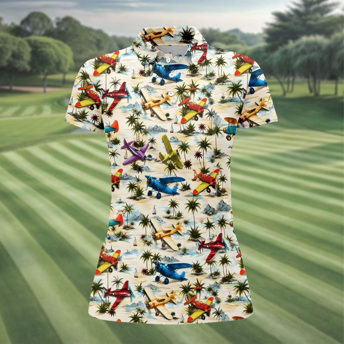 Vintage Airplane Hawaiian Golf Shirt, Tropical Aircraft Pattern, Polo Shirts For Women