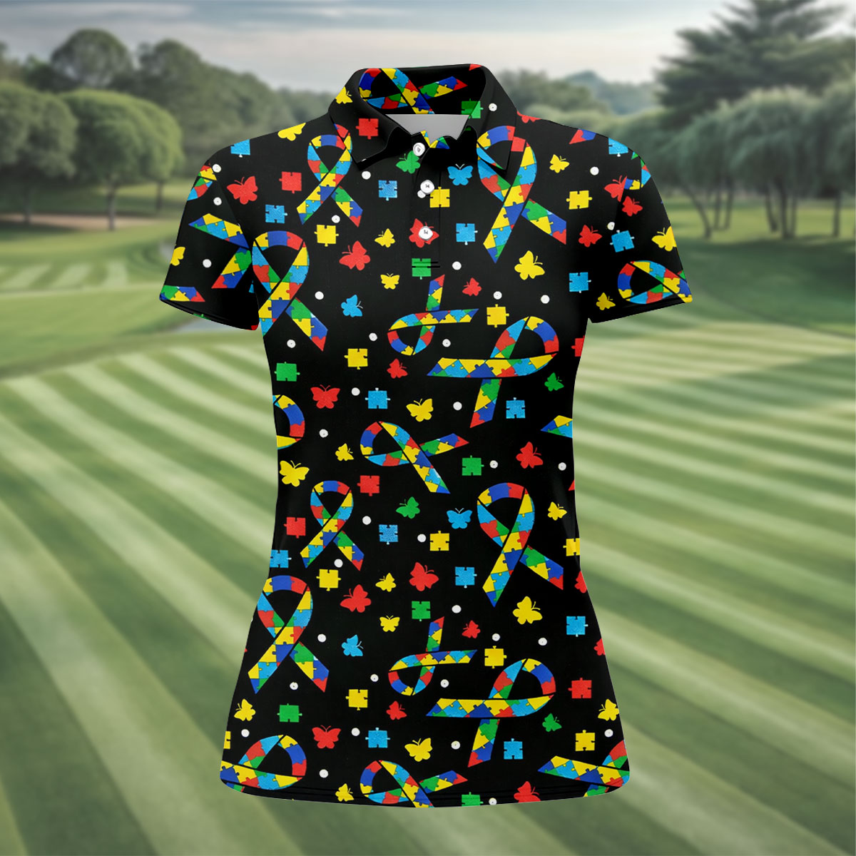 Autism Awareness Ribbon Colorful Butterflies Black Golf Shirt, Golf Shirt For Women, Ladies Golf Shirts