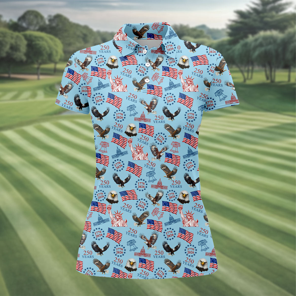 250 Years American Symbol Patriotic Pattern Blue Golf Shirt, 4th Of July Golf Shirt, Golf Shirt For Women