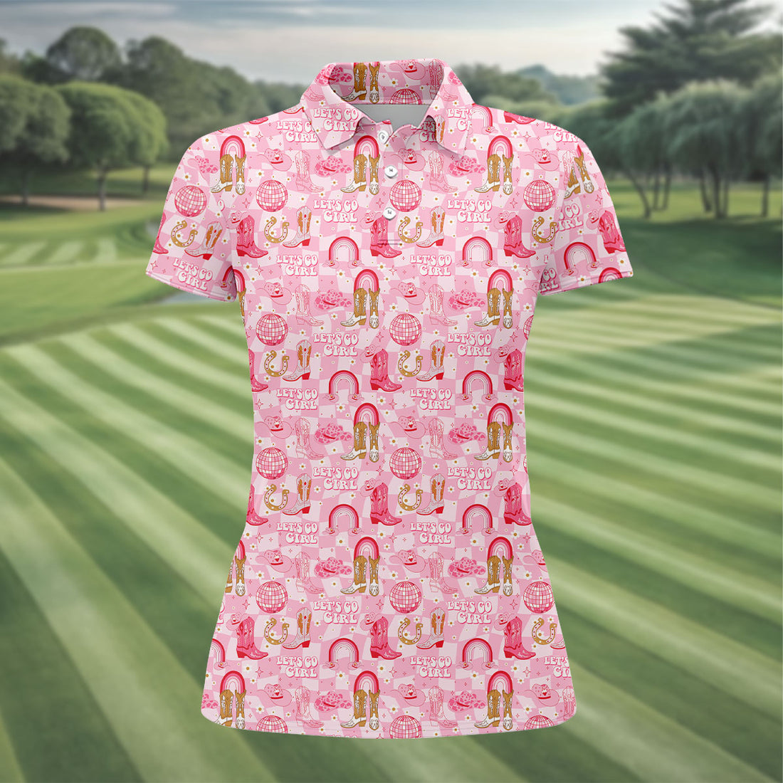 Let's Go Girl Pink Checkered Western Cowgirl Women's Golf Tops, Ladies Golf Polos, Golf Shirt For Women