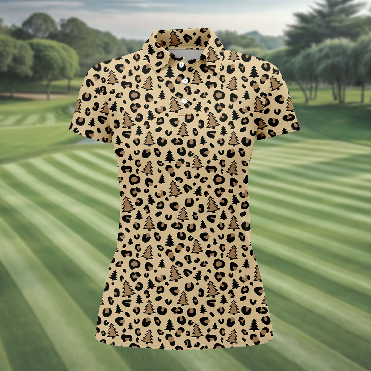 Xmas Pine Tree Leopard Pattern Brown Golf Shirt, Christmas Golf Shirt, Cute Golf Outfit, Women's Golf Shirts
