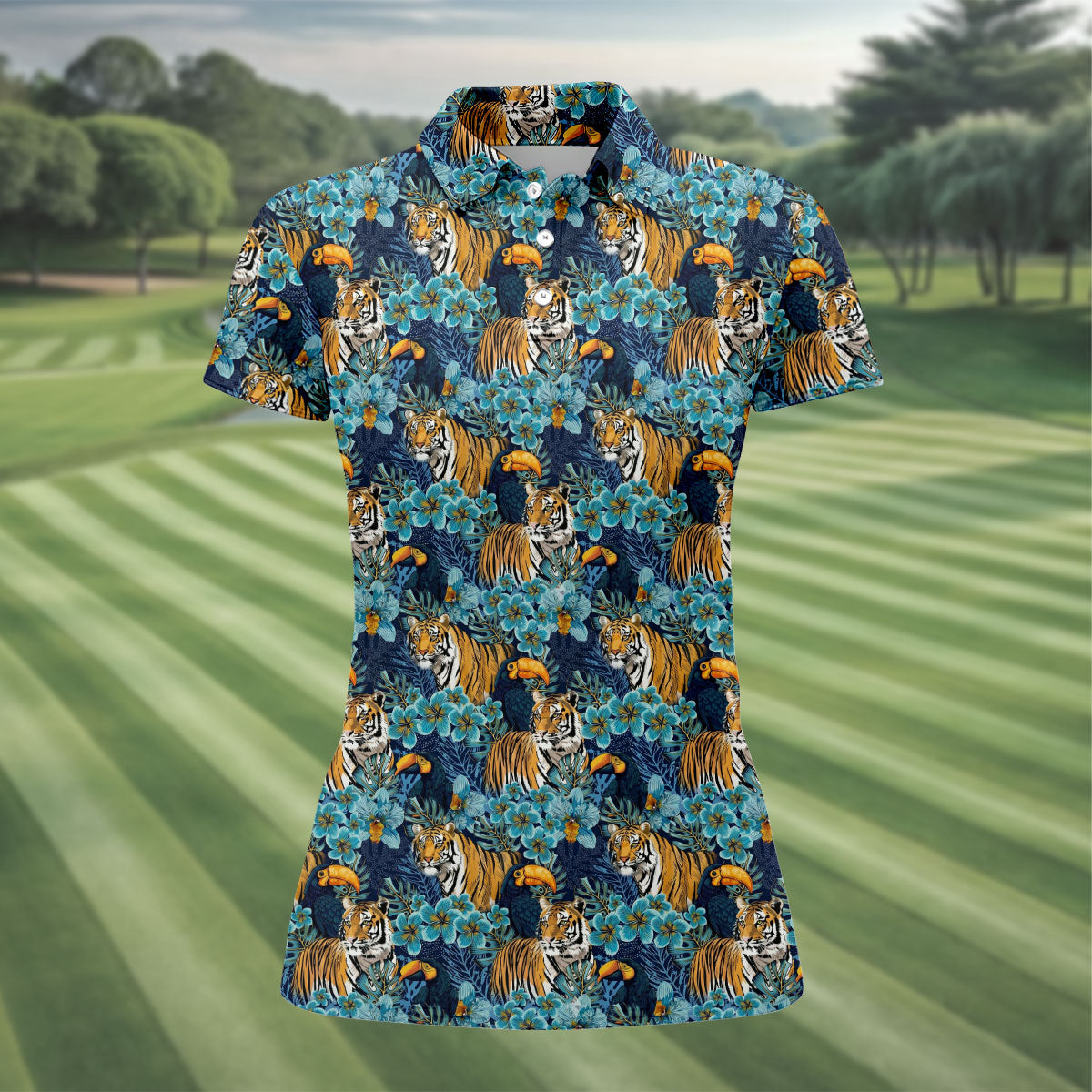 Tiger And Toucan Tropical Foliage Hawaiian Golf Shirt, Golf Shirt For Women, Golfing Apparel