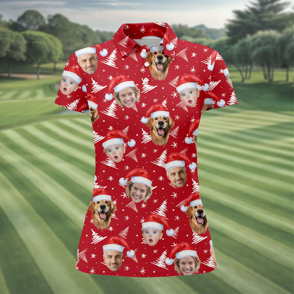 Custom Face Snow Pine Tree Red Golf Shirt, Christmas Golf Shirt, Ladies Golf Shirts, Golf Gifts For Women